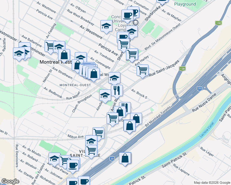 map of restaurants, bars, coffee shops, grocery stores, and more near 45 Avenue Westminster Sud in Montréal-Ouest