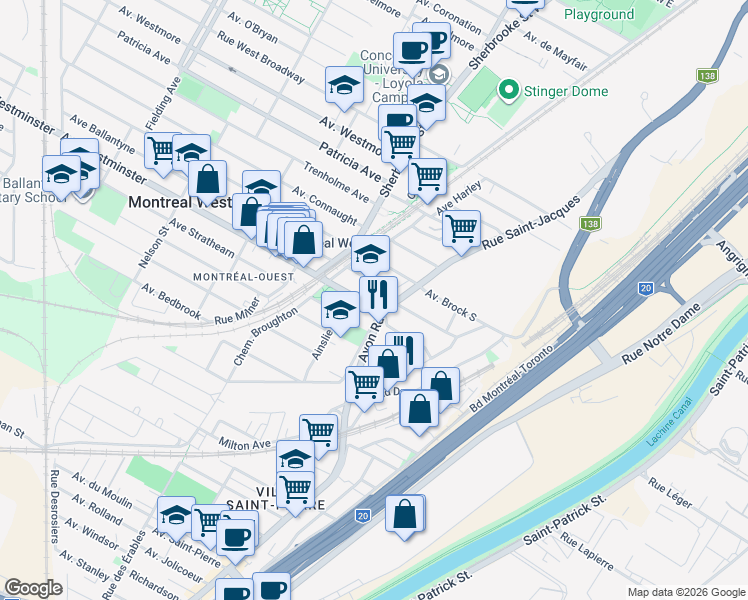 map of restaurants, bars, coffee shops, grocery stores, and more near 45 Avenue Westminster Sud in Montréal-Ouest