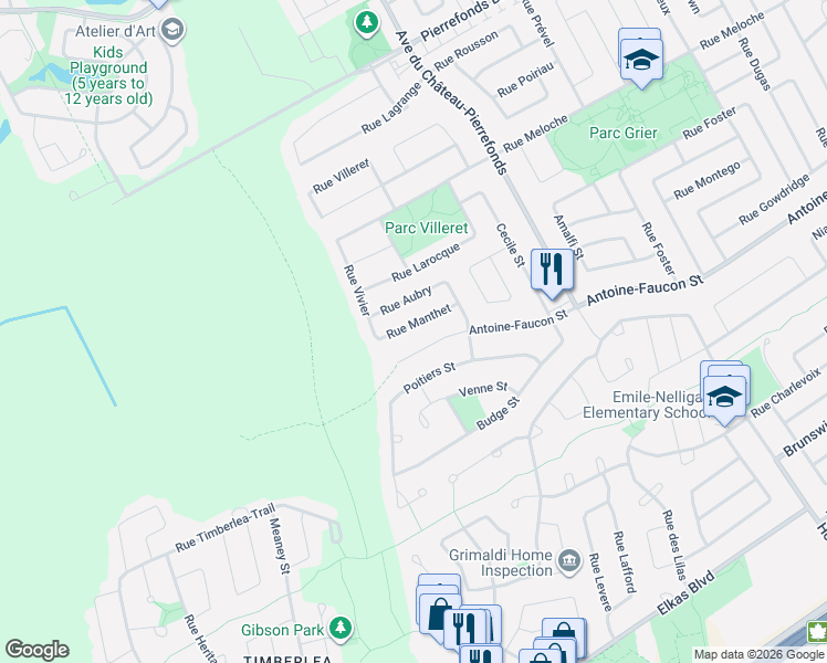 map of restaurants, bars, coffee shops, grocery stores, and more near 18712 Rue Manthet in Montréal