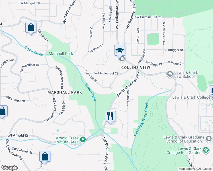 map of restaurants, bars, coffee shops, grocery stores, and more near 731 Marshall Park in Portland