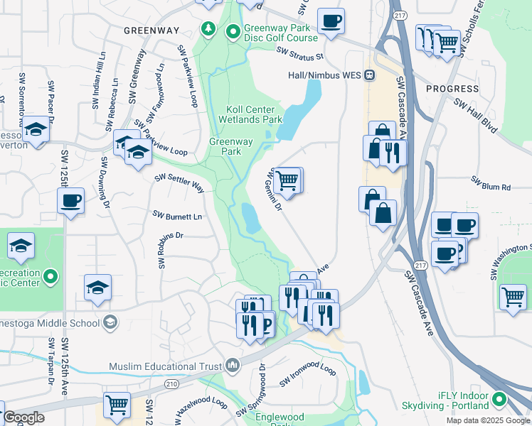 map of restaurants, bars, coffee shops, grocery stores, and more near 9417-9477 SW Gemini Dr in Beaverton