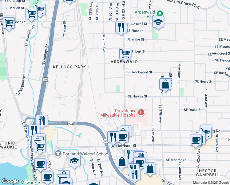 map of restaurants, bars, coffee shops, grocery stores, and more near 3040 Southeast Balfour Street in Milwaukie