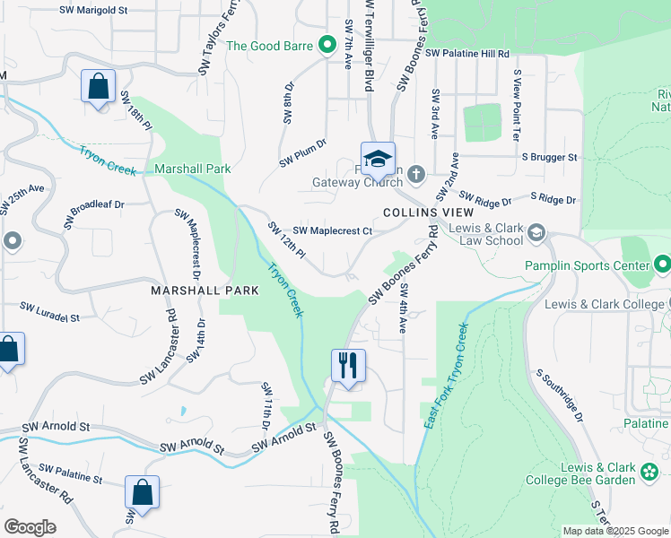 map of restaurants, bars, coffee shops, grocery stores, and more near 731 Marshall Park in Portland