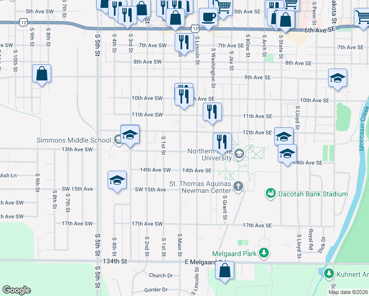 map of restaurants, bars, coffee shops, grocery stores, and more near 1302 South Lincoln Street in Aberdeen