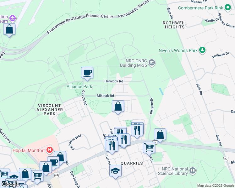 map of restaurants, bars, coffee shops, grocery stores, and more near 797 Mikinak Road in Ottawa
