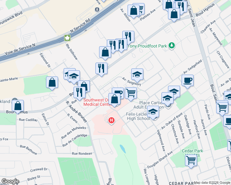 map of restaurants, bars, coffee shops, grocery stores, and more near 164 Avenue Seigniory in Pointe-Claire