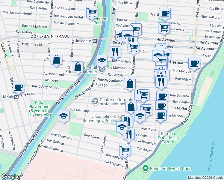 map of restaurants, bars, coffee shops, grocery stores, and more near 1121 Rue Osborne in Montréal