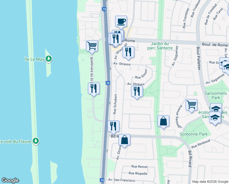 map of restaurants, bars, coffee shops, grocery stores, and more near 825 Rue Schubert in Brossard