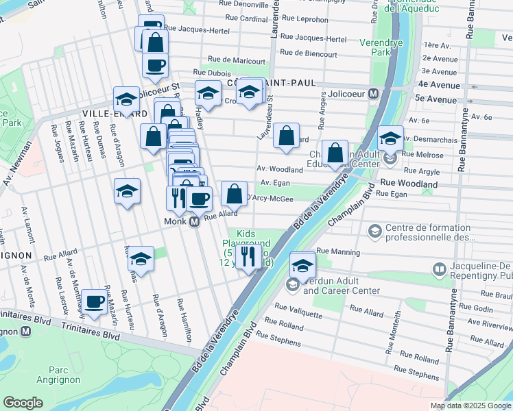map of restaurants, bars, coffee shops, grocery stores, and more near 6720 Rue Laurendeau in Montréal