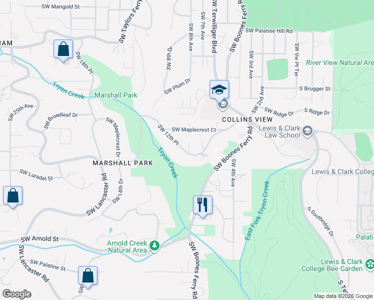 map of restaurants, bars, coffee shops, grocery stores, and more near 10071 Southwest 8th Place in Portland