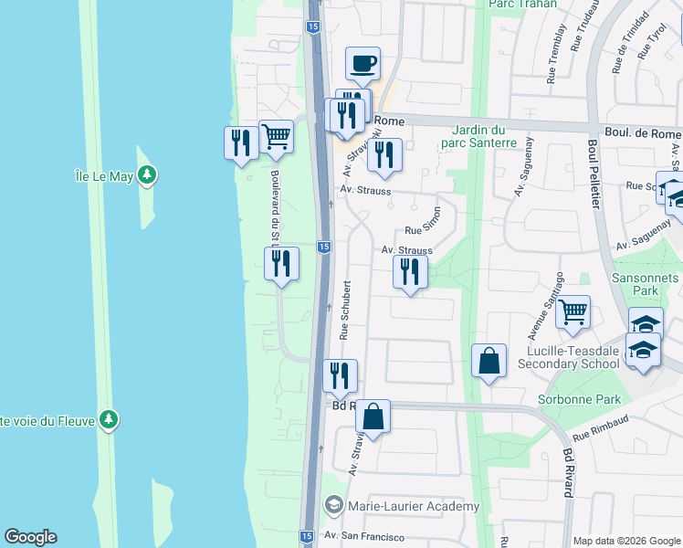 map of restaurants, bars, coffee shops, grocery stores, and more near 825 Rue Schubert in Brossard