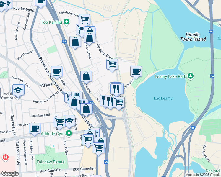map of restaurants, bars, coffee shops, grocery stores, and more near 775 Boulevard de la Carrière in Gatineau