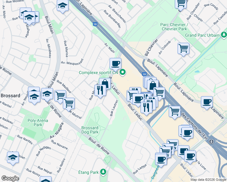 map of restaurants, bars, coffee shops, grocery stores, and more near 8255 Boulevard Leduc in Brossard
