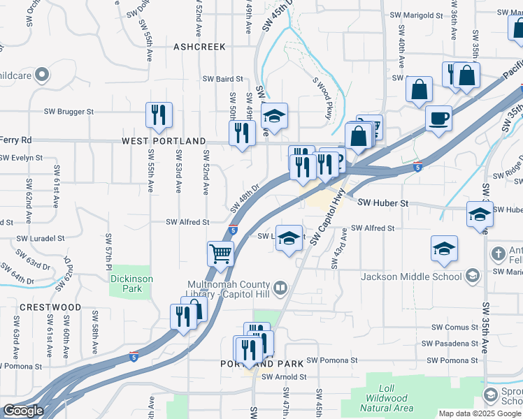 map of restaurants, bars, coffee shops, grocery stores, and more near 10315 Southwest Barbur Boulevard in Portland