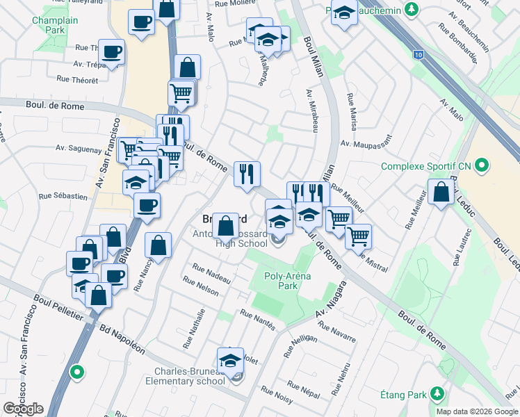 map of restaurants, bars, coffee shops, grocery stores, and more near 2900 Avenue Neuville in Brossard