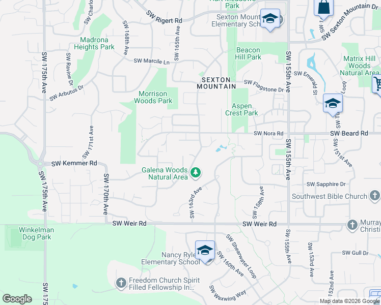 map of restaurants, bars, coffee shops, grocery stores, and more near 16327 Southwest Gemstone Court in Beaverton