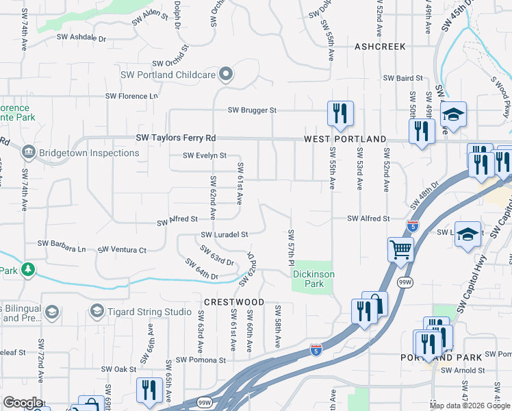 map of restaurants, bars, coffee shops, grocery stores, and more near 10232 Southwest 59th Place in Portland