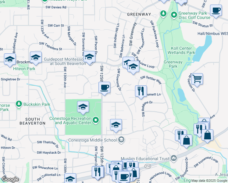 map of restaurants, bars, coffee shops, grocery stores, and more near 9555 Southwest Downing Drive in Beaverton