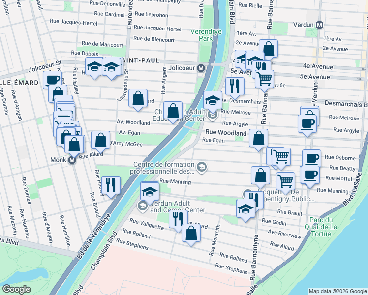 map of restaurants, bars, coffee shops, grocery stores, and more near 5593 Boulevard Champlain in Montréal