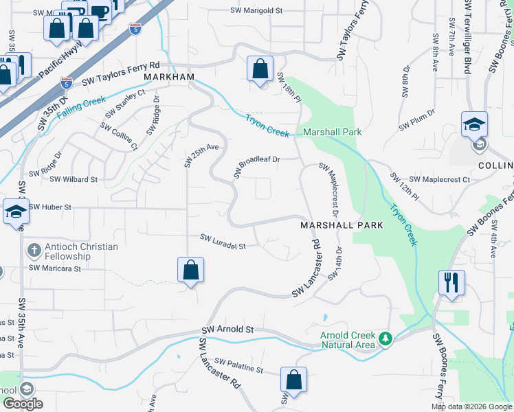 map of restaurants, bars, coffee shops, grocery stores, and more near 10052 Southwest Balmer Circle in Portland
