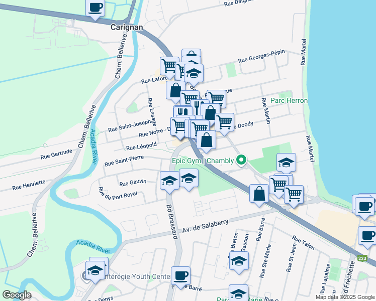 map of restaurants, bars, coffee shops, grocery stores, and more near 455 Boulevard Brassard in Chambly