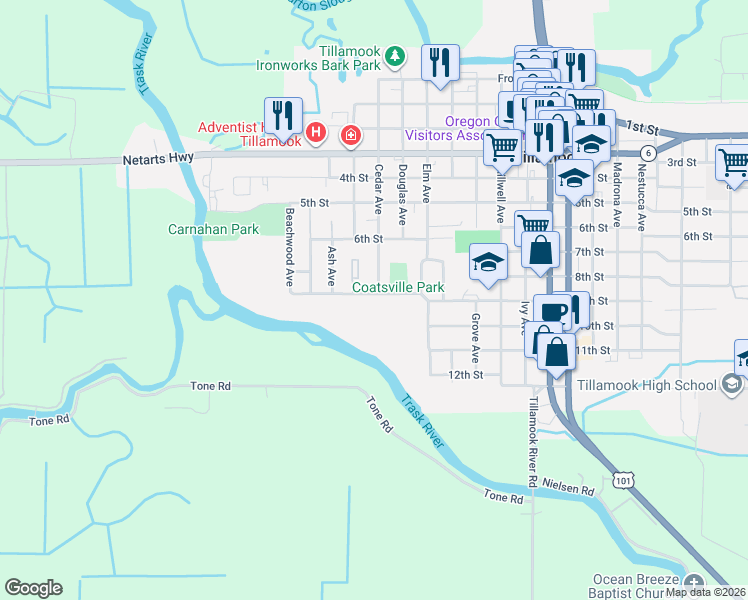map of restaurants, bars, coffee shops, grocery stores, and more near 1207 9th Street in Tillamook