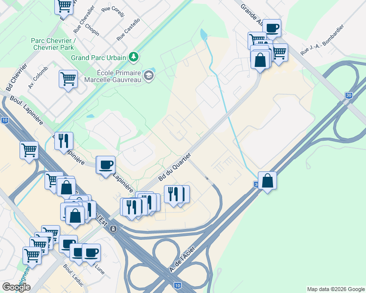 map of restaurants, bars, coffee shops, grocery stores, and more near 6400 Rue de Chambéry in Brossard
