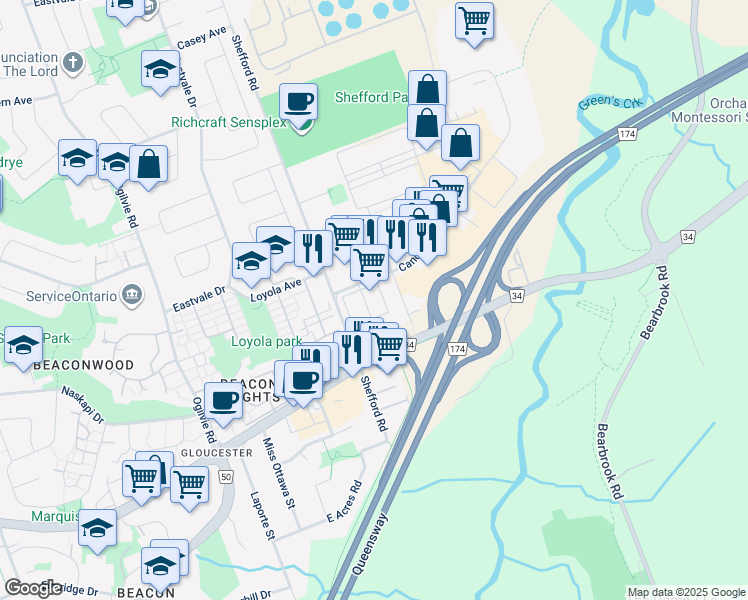 map of restaurants, bars, coffee shops, grocery stores, and more near in Ottawa