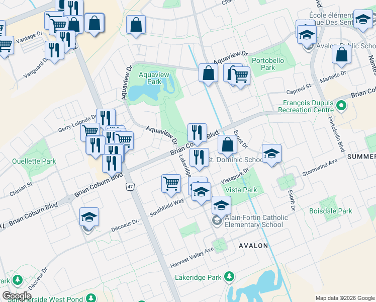 map of restaurants, bars, coffee shops, grocery stores, and more near 221 Northwind Street in Ottawa
