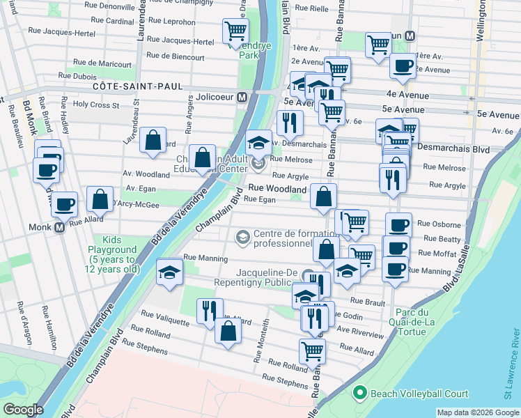 map of restaurants, bars, coffee shops, grocery stores, and more near 1209 Rue Osborne in Montréal
