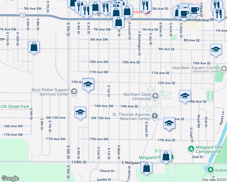 map of restaurants, bars, coffee shops, grocery stores, and more near 1216 South Main Street in Aberdeen
