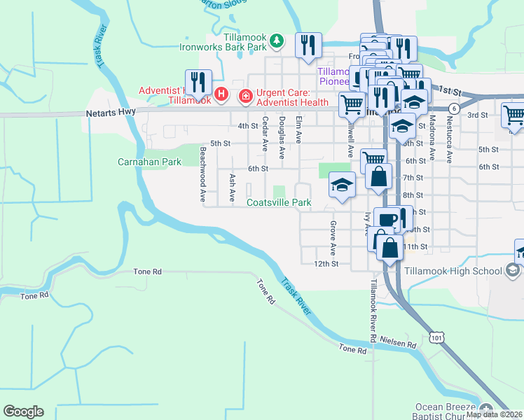 map of restaurants, bars, coffee shops, grocery stores, and more near 1205 9th Street in Tillamook