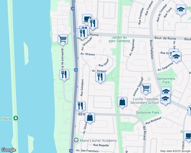 map of restaurants, bars, coffee shops, grocery stores, and more near 1145 Place Santerre in Brossard
