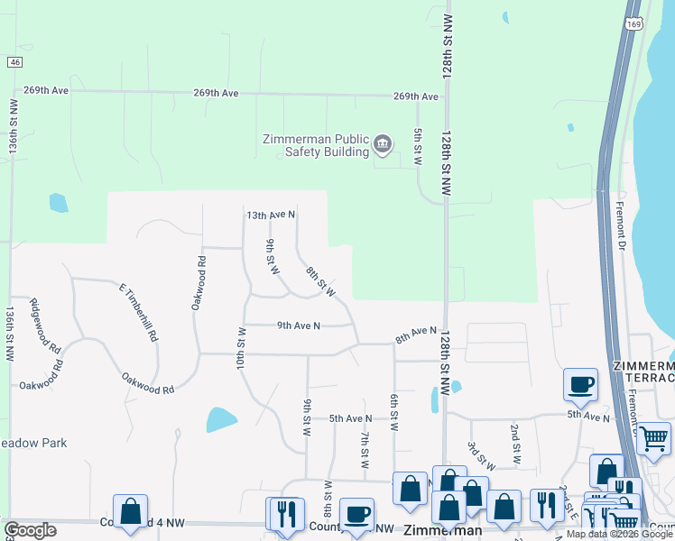 map of restaurants, bars, coffee shops, grocery stores, and more near 26521 8th Street West in Zimmerman