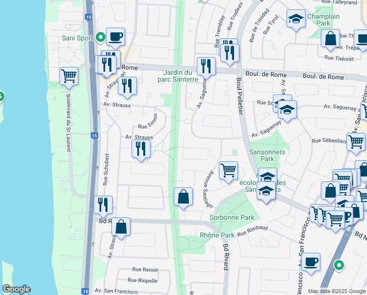 map of restaurants, bars, coffee shops, grocery stores, and more near 1345 Croissant Saturne in Brossard