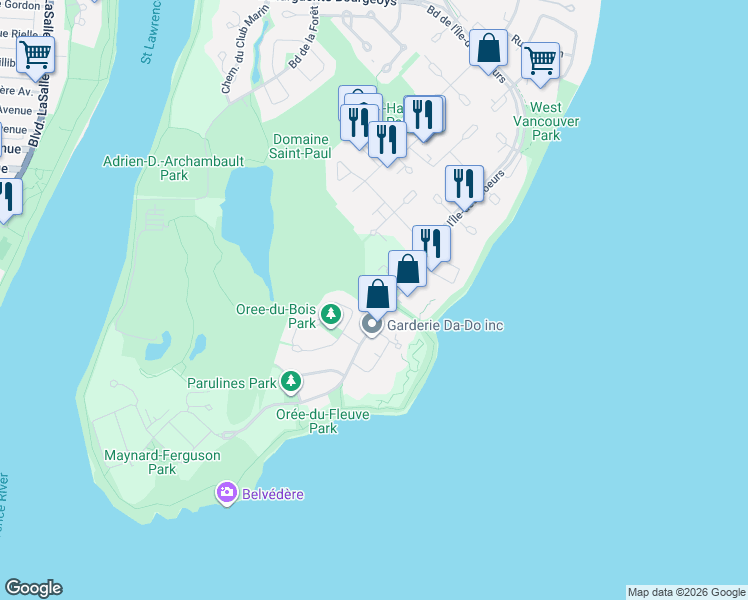 map of restaurants, bars, coffee shops, grocery stores, and more near 25 Chemin de la Pointe-Sud in Montréal