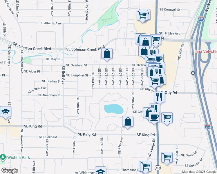 map of restaurants, bars, coffee shops, grocery stores, and more near 7505 Southeast Otty Street in Milwaukie