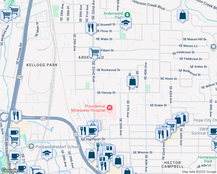 map of restaurants, bars, coffee shops, grocery stores, and more near 3325 Southeast Harvey Street in Milwaukie