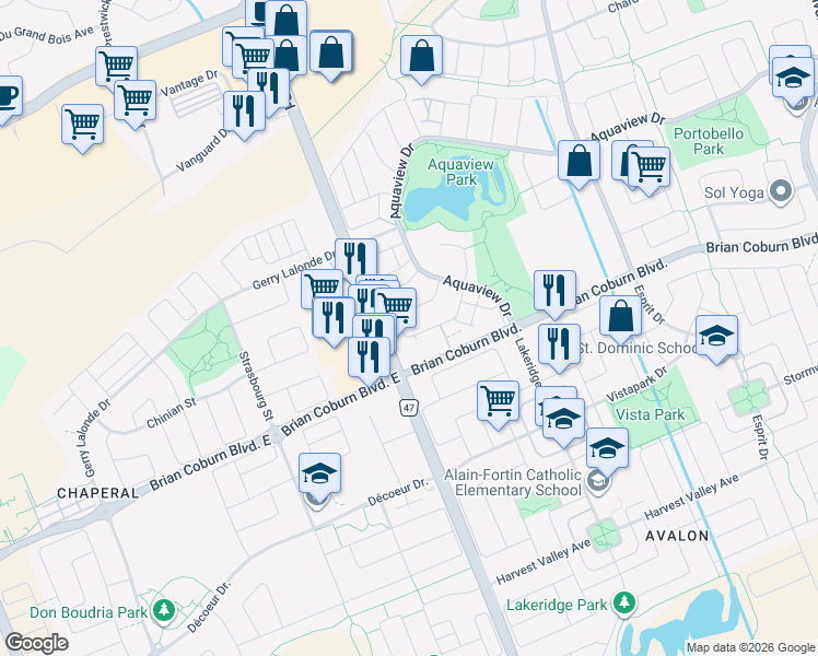 map of restaurants, bars, coffee shops, grocery stores, and more near 578 Louis Toscano Drive in Ottawa