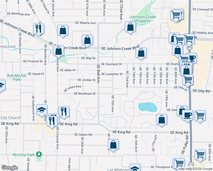 map of restaurants, bars, coffee shops, grocery stores, and more near 6899 Southeast Drew Street in Milwaukie
