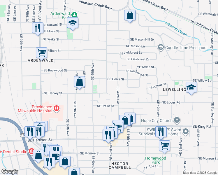 map of restaurants, bars, coffee shops, grocery stores, and more near 9818 Southeast 42nd Avenue in Milwaukie