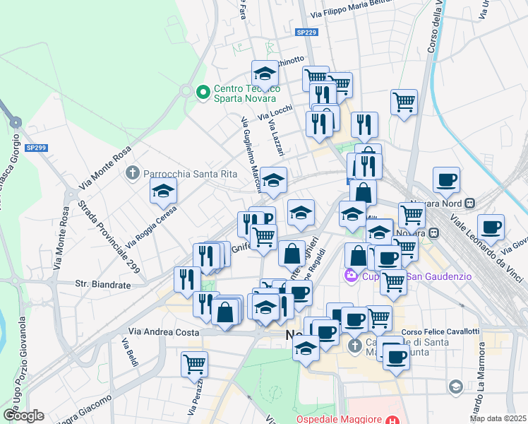 map of restaurants, bars, coffee shops, grocery stores, and more near 21 Via Guglielmo Marconi in Novara