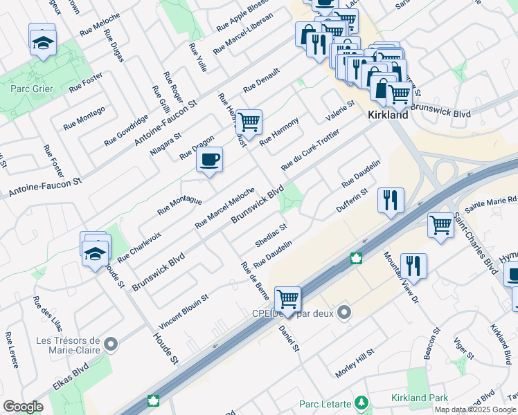 map of restaurants, bars, coffee shops, grocery stores, and more near 17216 Boulevard Brunswick in Kirkland