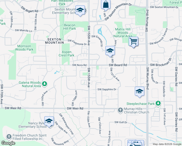 map of restaurants, bars, coffee shops, grocery stores, and more near 9405 Southwest Buckingham Place in Beaverton