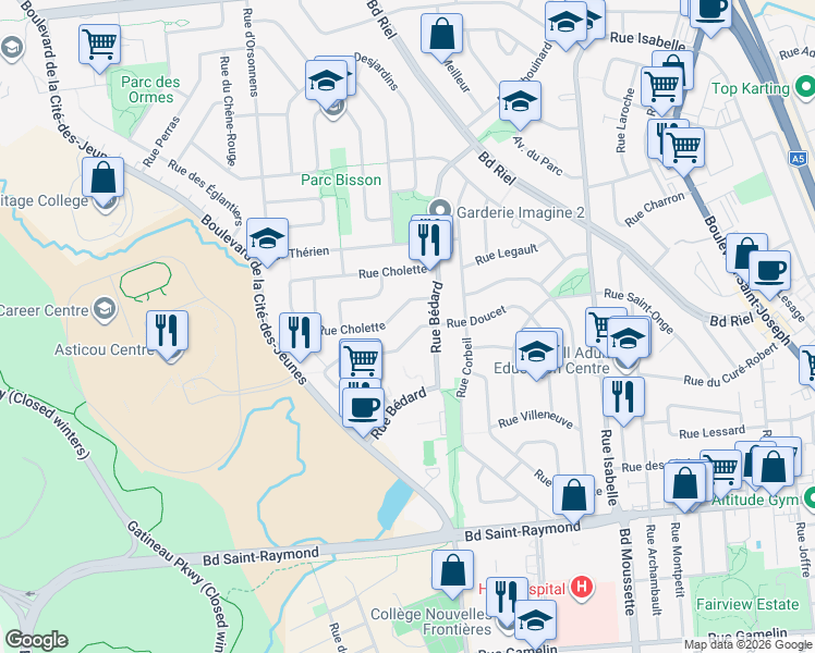 map of restaurants, bars, coffee shops, grocery stores, and more near 80 Rue Doucet in Gatineau