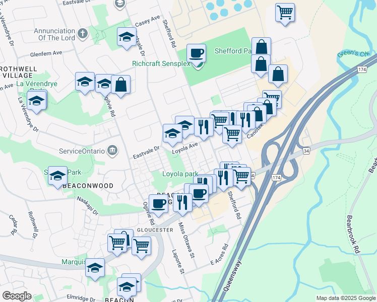 map of restaurants, bars, coffee shops, grocery stores, and more near 82 Loyola Court in Ottawa