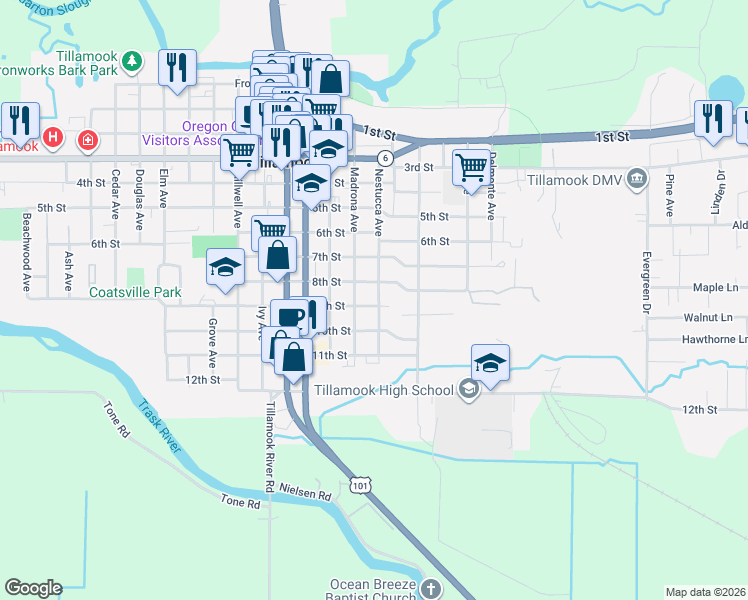 map of restaurants, bars, coffee shops, grocery stores, and more near 905 Nestucca Avenue in Tillamook