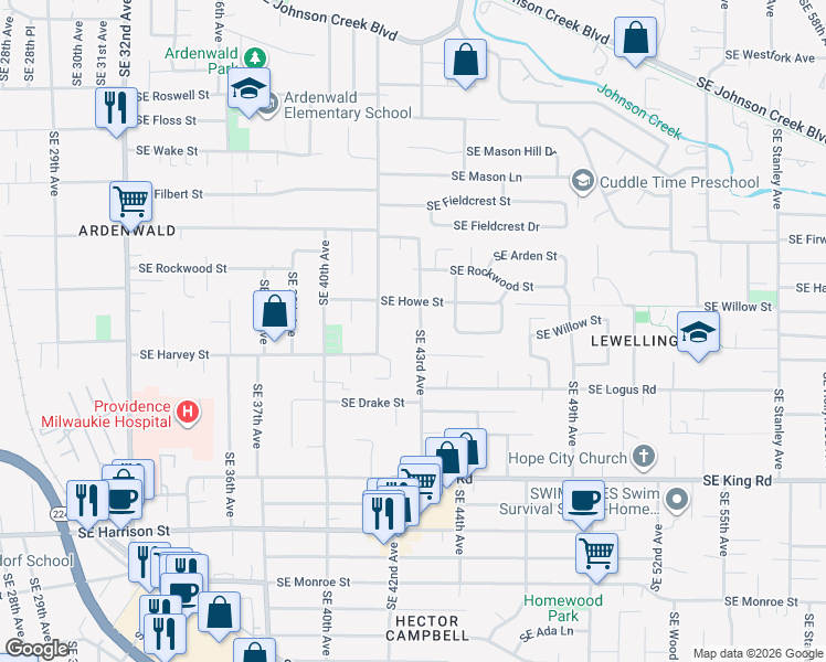 map of restaurants, bars, coffee shops, grocery stores, and more near 9851 Southeast 43rd Avenue in Milwaukie