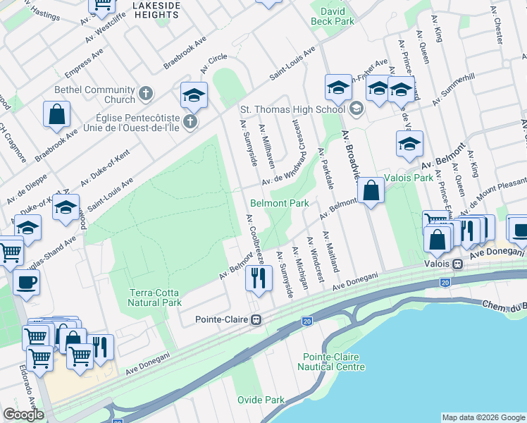 map of restaurants, bars, coffee shops, grocery stores, and more near 132 Avenue Sunnyside in Pointe-Claire