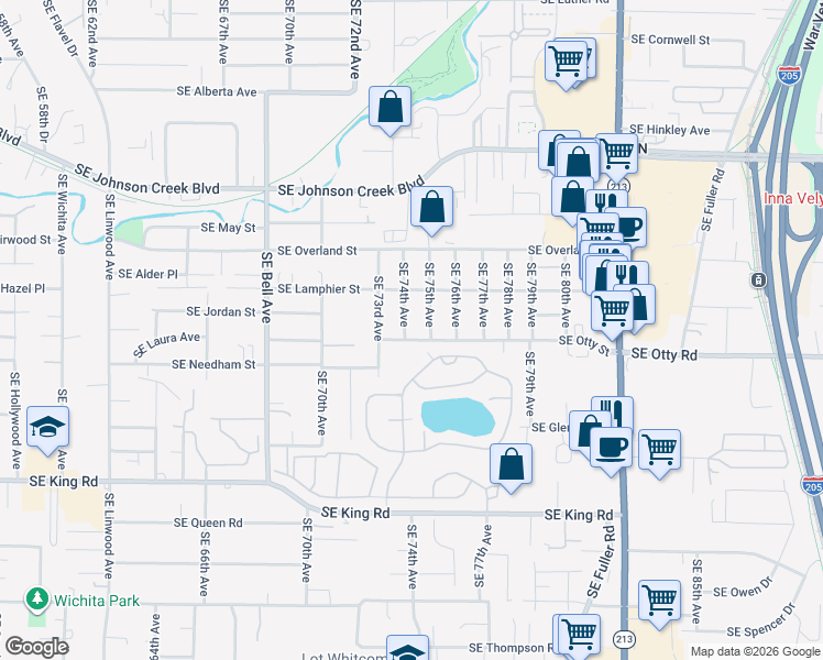 map of restaurants, bars, coffee shops, grocery stores, and more near 7400 Southeast Otty Street in Milwaukie